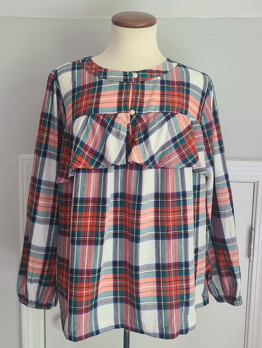 J. Crew Plaid Ruffle Top Size XL Snowy Stewart Tartan Preppy Holiday Festive NWT
